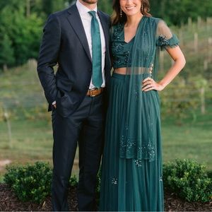 Lehenga maxi skirt, crop top and scarf in emerald green ASOS